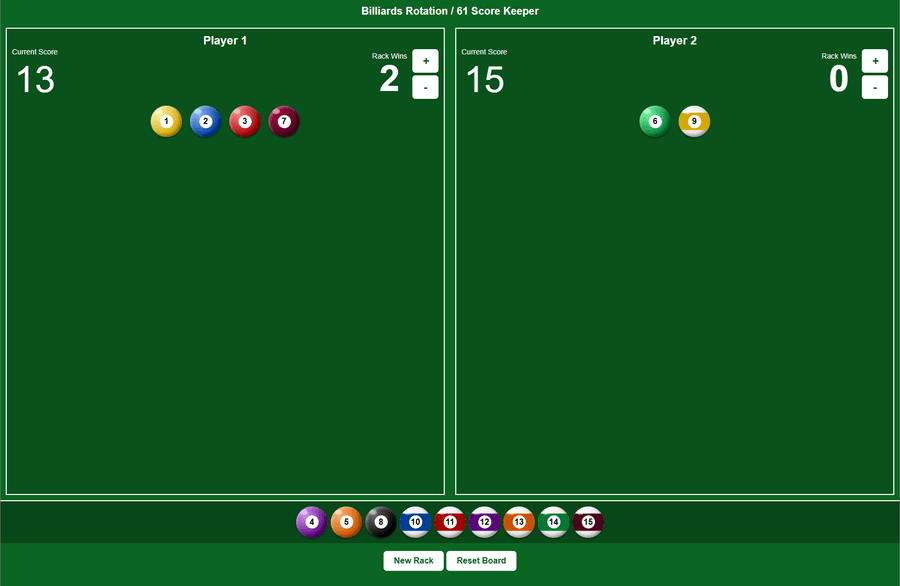 Score Keeper showing two players, their scores and rack wins, and numbered balls assigned to each player.