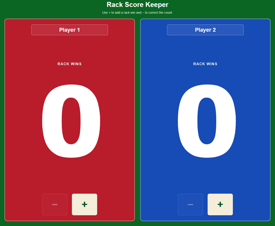 Rack Wins showing red and blue player panels, large rack totals, editable names, and plus and minus controls.