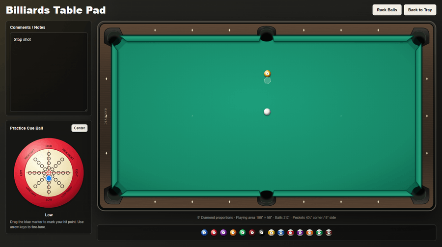 Table Pad with a green billiards table, movable balls, a notes panel, and a practice cue ball with a blue contact marker.